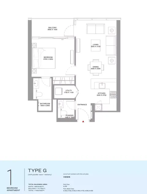 Capeside Marina Residences: Floor plan Type G, 705 sq ft