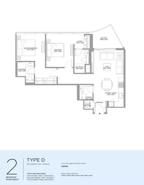 Capeside Marina Residences: Floor plan Type D, 894 sq ft
