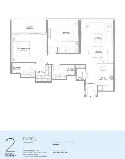 Capeside Marina Residences: Floor plan Type J, 958 sq ft