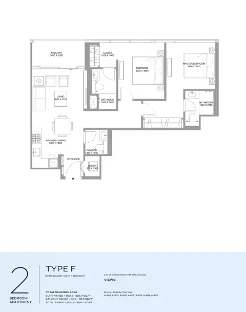 Capeside Marina Residences: Floor plan Type F, 900 sq ft