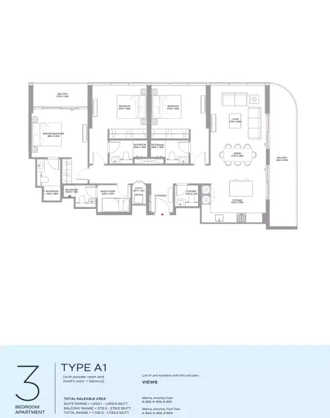 Capeside Marina Residences: Floor plan Type A1, 1,732 sq ft