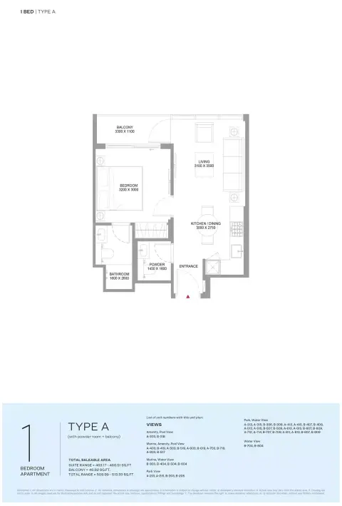 Pearlside Marina Residences: Floor plan Type A-Tower A&B, 509 sq ft