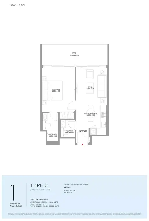 Pearlside Marina Residences: Floor plan Type C-Tower A&B, 659 sq ft