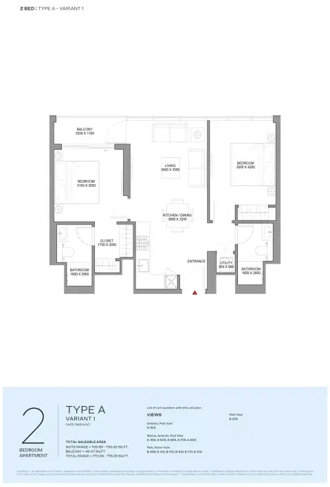 Pearlside Marina Residences: Floor plan Type A Variant-Tower A&B, 772 sq ft