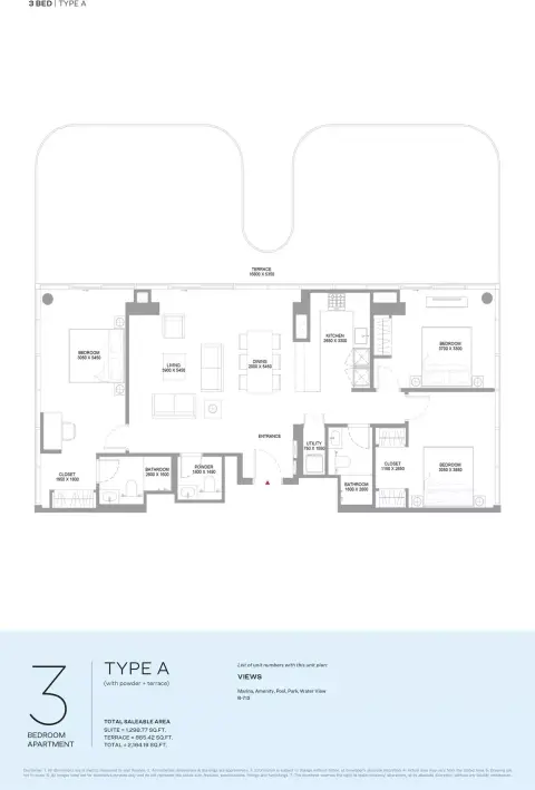 Pearlside Marina Residences: Floor plan Type A-Tower A&B, 2,164 sq ft