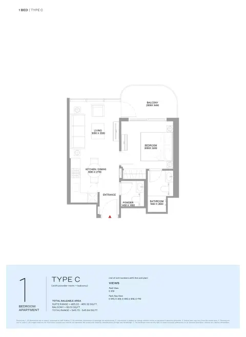 Bayside Marina Residences: Type C, 545 sq ft 户型图