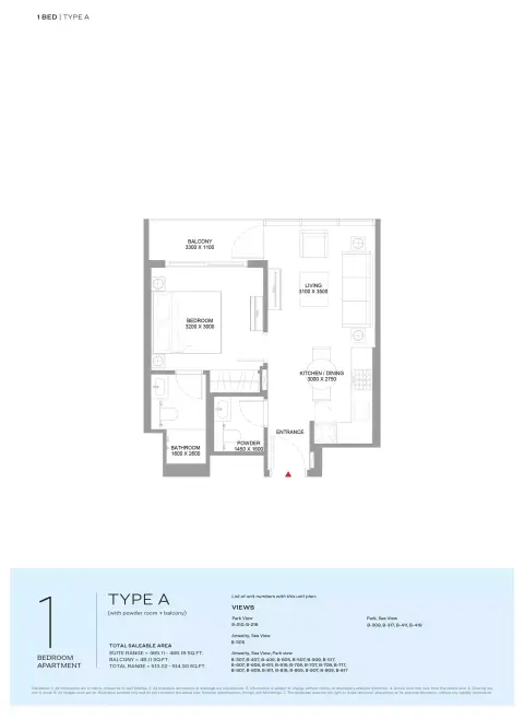 Bayside Marina Residences: Type A, 514 sq ft 户型图