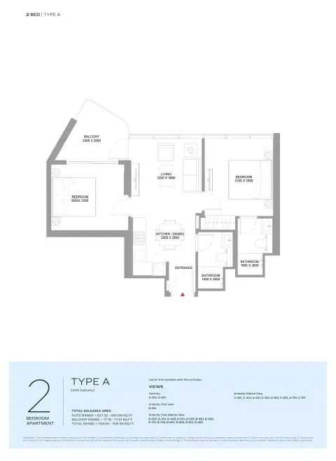 Bayside Marina Residences: Type A, 708 sq ft 户型图