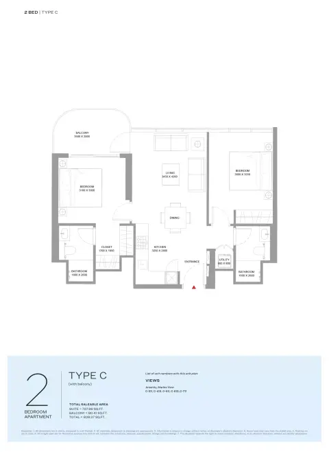 Bayside Marina Residences: Type C, 808 sq ft 户型图