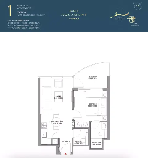 Sobha Aquamont: फ़्लोर प्लान Type A-Tower A, 565 sq ft