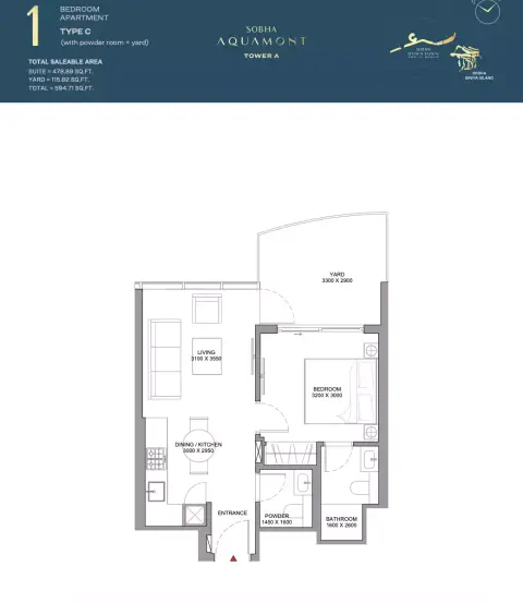 Sobha Aquamont: फ़्लोर प्लान Type C-Tower A, 594 sq ft