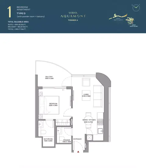 Sobha Aquamont: फ़्लोर प्लान Type D-Tower A, 580 sq ft