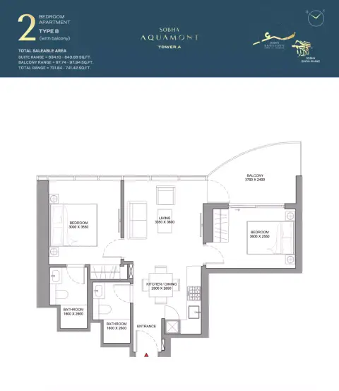Sobha Aquamont: फ़्लोर प्लान Type B-Tower A, 731 sq ft