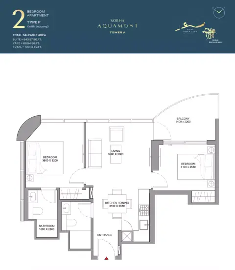 Sobha Aquamont: फ़्लोर प्लान Type F-Tower A, 730 sq ft