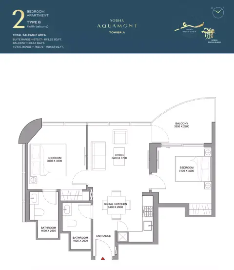 Sobha Aquamont: फ़्लोर प्लान Type G-Tower A, 759 sq ft