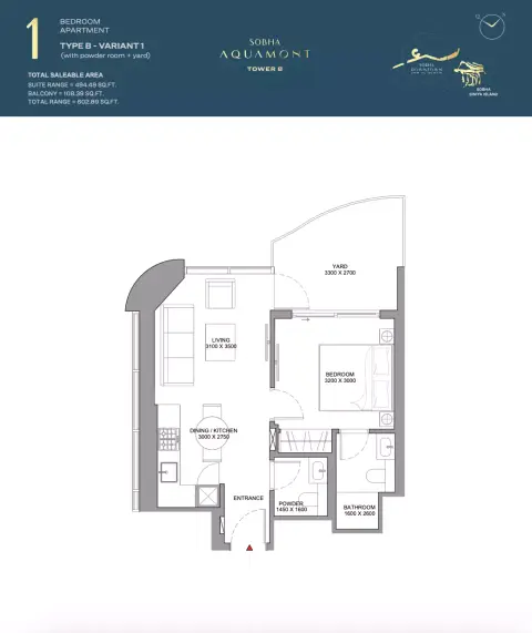 Sobha Aquamont: फ़्लोर प्लान Type B-Tower B, 602 sq ft