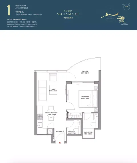 Sobha Aquamont: फ़्लोर प्लान Type A-Tower B, 562 sq ft