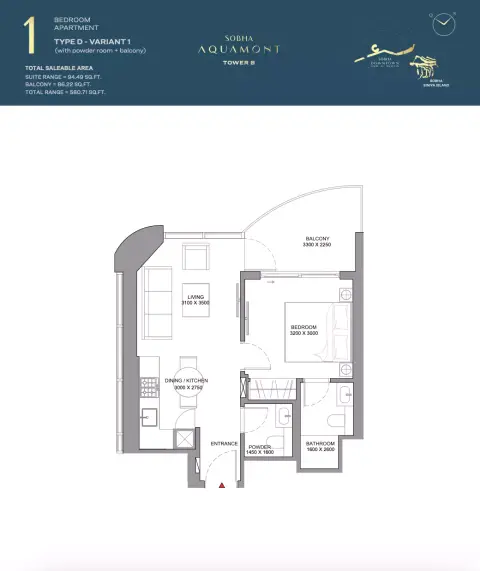 Sobha Aquamont: फ़्लोर प्लान Type D-Tower B, 580 sq ft