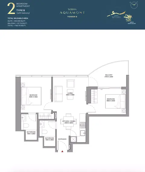 Sobha Aquamont: फ़्लोर प्लान Type B-Tower B, 732 sq ft
