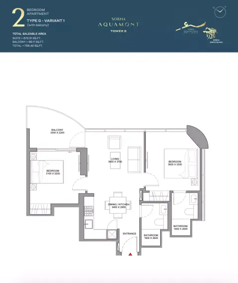 Sobha Aquamont: फ़्लोर प्लान Type G-Tower B, 758 sq ft
