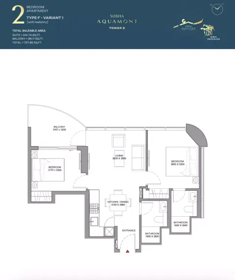 Sobha Aquamont: फ़्लोर प्लान Type F-Tower B, 727 sq ft