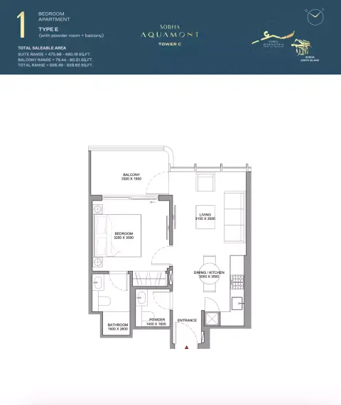 Sobha Aquamont: फ़्लोर प्लान Type E-Tower C, 556 sq ft
