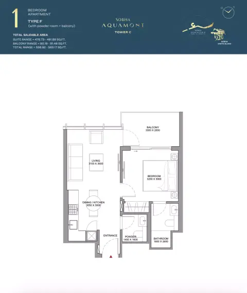 Sobha Aquamont: फ़्लोर प्लान Type F-Tower C, 556 sq ft