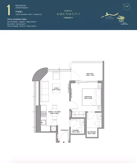 Sobha Aquamont: फ़्लोर प्लान Type I-Tower C, 576 sq ft