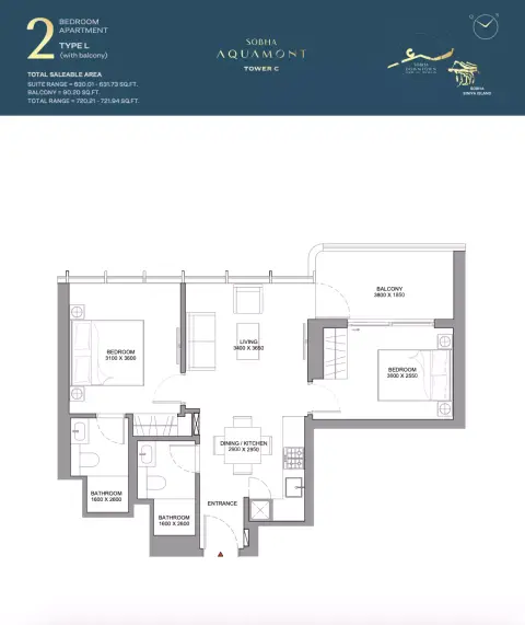 Sobha Aquamont: फ़्लोर प्लान Type L-Tower C, 720 sq ft