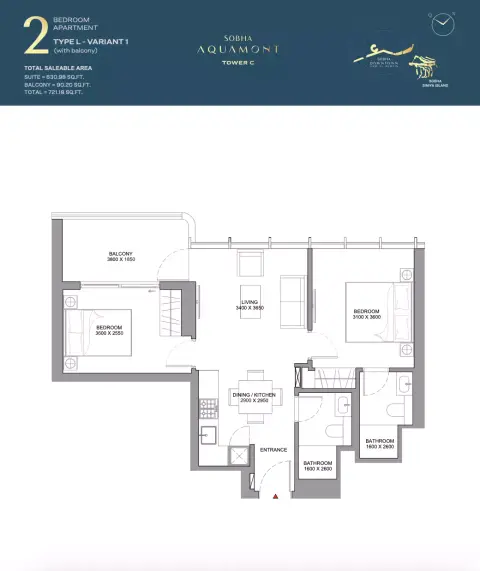 Sobha Aquamont: फ़्लोर प्लान Type L variant-Tower C, 721 sq ft