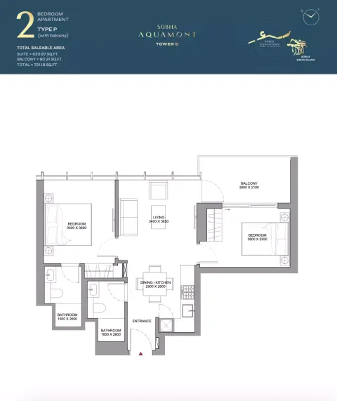 Sobha Aquamont: फ़्लोर प्लान Type P-Tower C, 721 sq ft