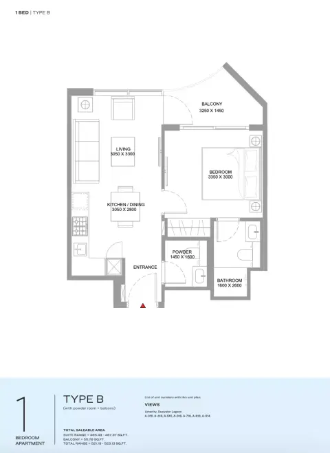 Pristine Beach Residences: Type B, 521 sq ft 户型图