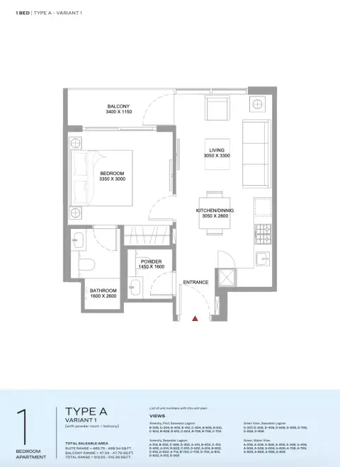 Pristine Beach Residences: Type A Variant 1, 513 sq ft 户型图