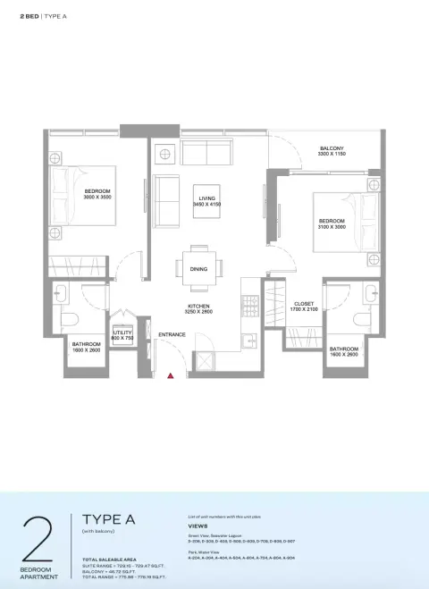 Pristine Beach Residences: Type A, 775 sq ft 户型图