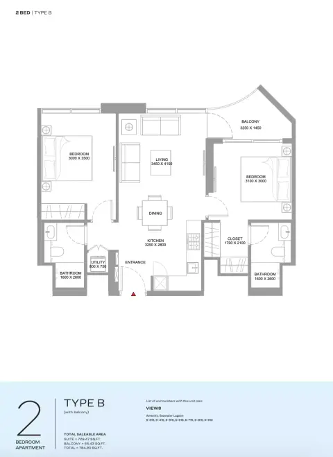 Pristine Beach Residences: Type B, 784 sq ft 户型图