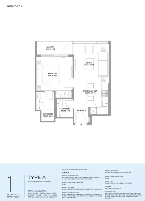 كانالسايد مارينا ريزيدنسز: مخطط الطابق Type A, 509 sq ft