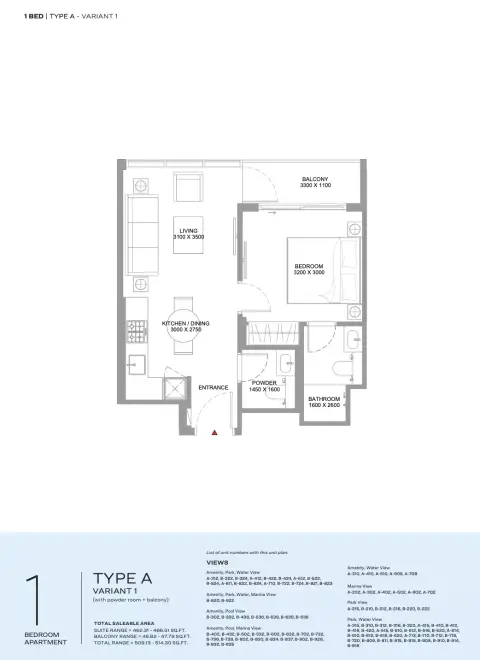كانالسايد مارينا ريزيدنسز: مخطط الطابق Type A Variant 1, 509 sq ft