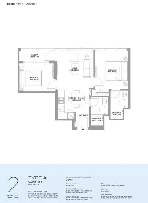 كانالسايد مارينا ريزيدنسز: مخطط الطابق Type A Variant 1, 651 sq ft