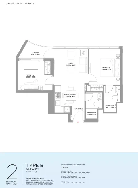 كانالسايد مارينا ريزيدنسز: مخطط الطابق Type B Variant 1, 674 sq ft