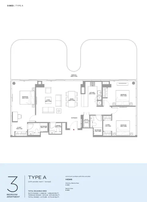 كانالسايد مارينا ريزيدنسز: مخطط الطابق Type A, 2,173 sq ft