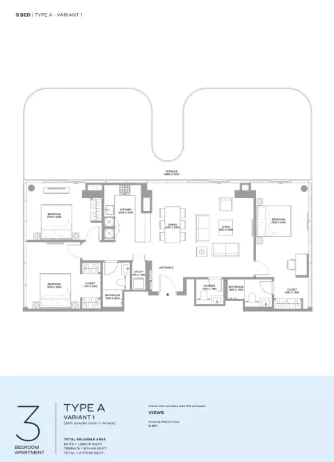 كانالسايد مارينا ريزيدنسز: مخطط الطابق Type A Variant 1, 2,173 sq ft