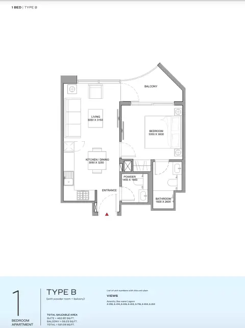 Florine Beach Residences: Планировка Type B, 521 sq ft