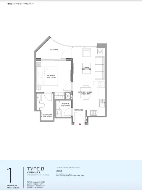 Florine Beach Residences: Планировка Type B - VARIANT 1, 520 sq ft