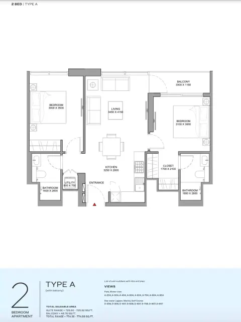 Florine Beach Residences: Планировка Type A, 774 sq ft