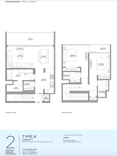 Florine Beach Residences: Планировка Type K - VARIANT 1, 1,486 sq ft