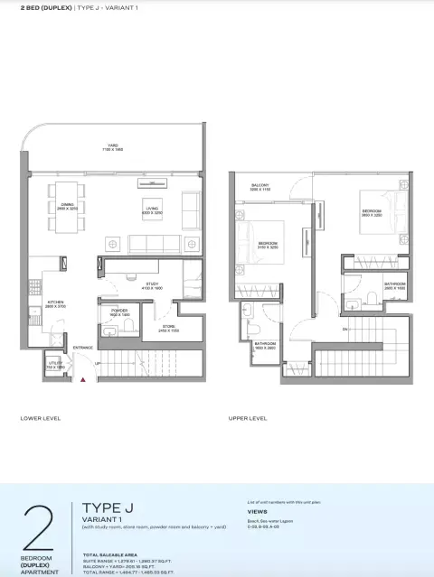 Florine Beach Residences: Планировка Type J - VARIANT 1, 1,485 sq ft