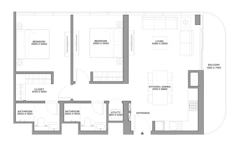 Aquamarine Beach Residences: Type D, 989 sq ft 户型图