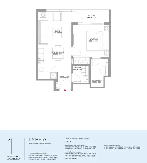 Coastline Beach Residences: Plattegrond Type A | (with powder room + balcony), 511 sq ft