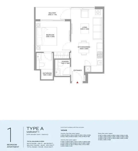 Coastline Beach Residences: Plattegrond Type A | Variant 1 (with powder room + balcony), 510 sq ft
