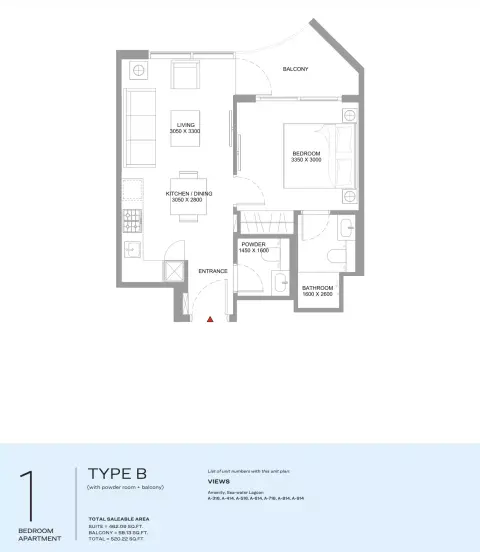 Coastline Beach Residences: Plattegrond Type B | (with powder room + balcony), 520 sq ft
